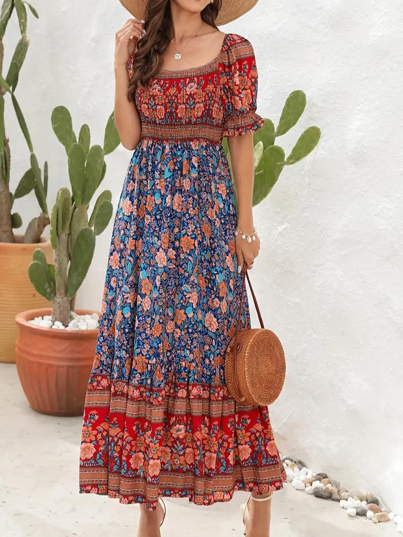 Maxi Kjole - Blomstret - Off Shoulder - Sommerkjole - Maxi-Søndagskjole