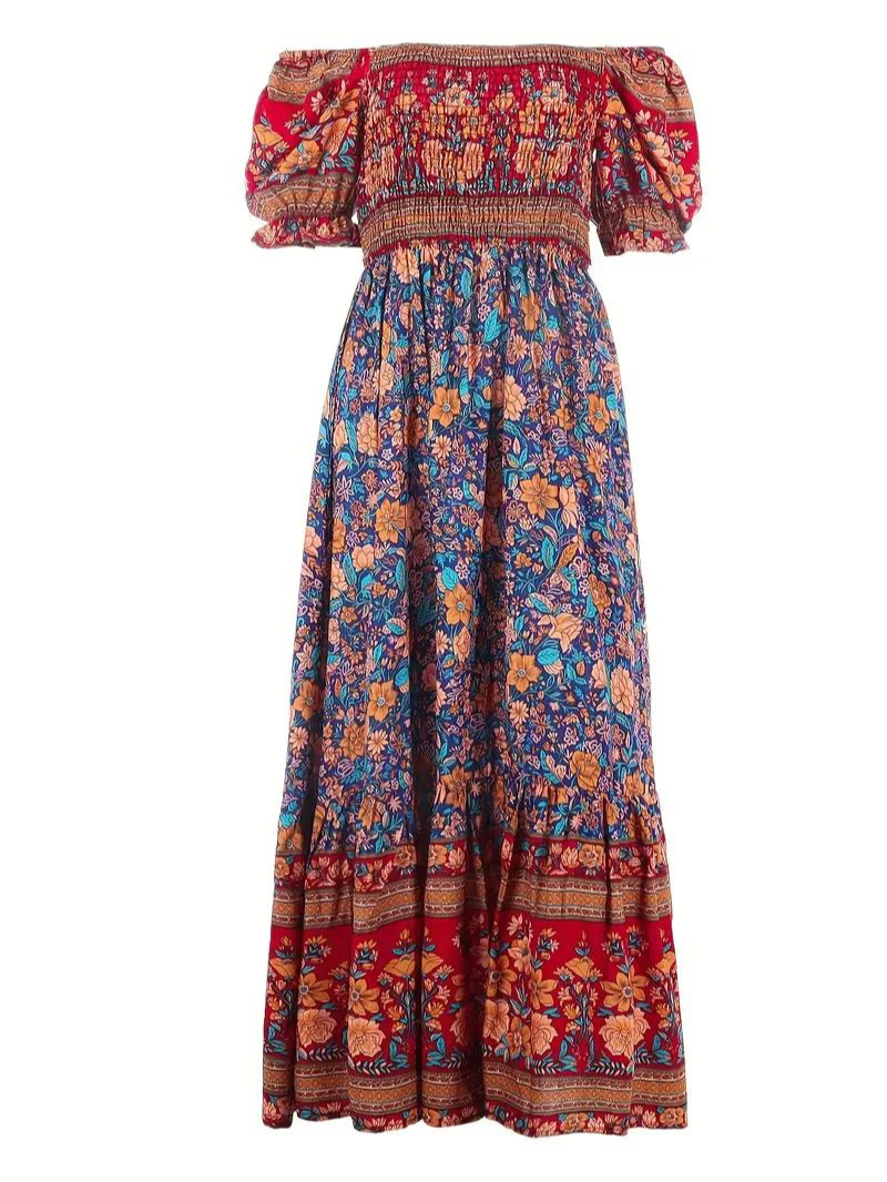 Maxi Kjole - Blomstret - Off Shoulder - Sommerkjole - Maxi-Søndagskjole