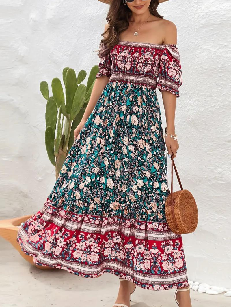 Maxi Kjole - Blomstret - Off Shoulder - Sommerkjole - Maxi-Søndagskjole