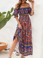 Maxi Kjole - Blomstret - Off Shoulder - Sommerkjole - Maxi-Søndagskjole