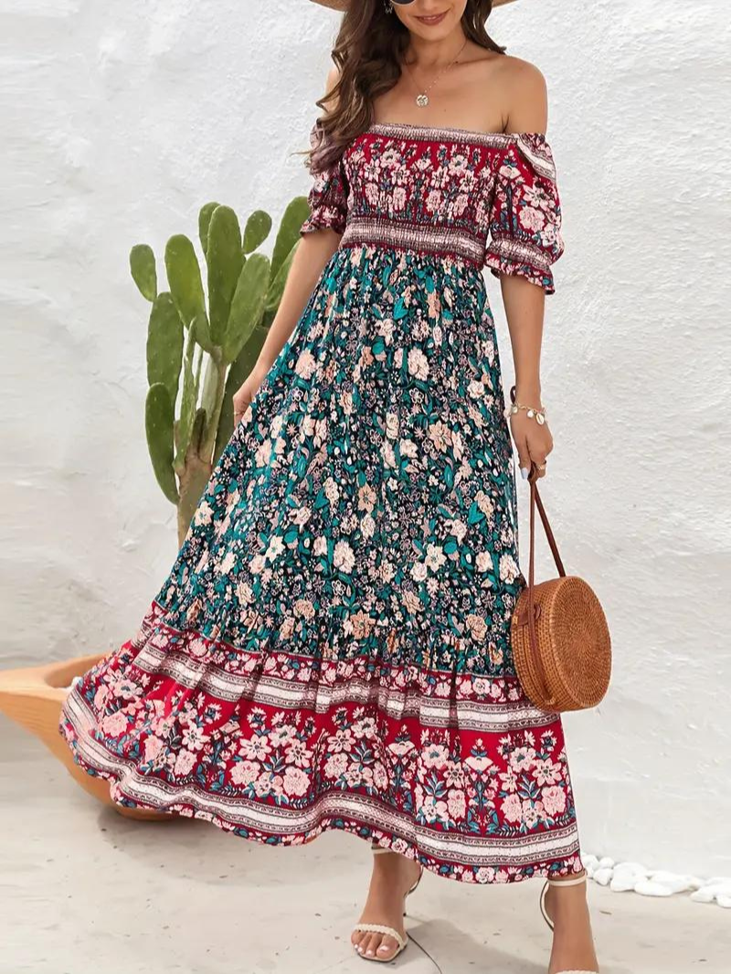 Maxi Kjole - Blomstret - Off Shoulder - Sommerkjole - Maxi-Søndagskjole