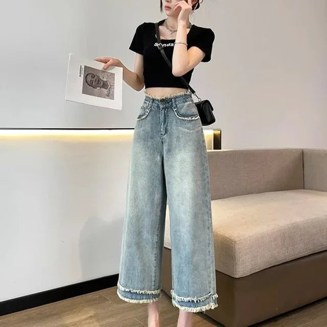 Ariella - brede ben denim culotte med frynser forneden