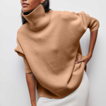 Dame Rullekrave Sweater - Oversized Pasform - Blød Strik - Korte Ærmer