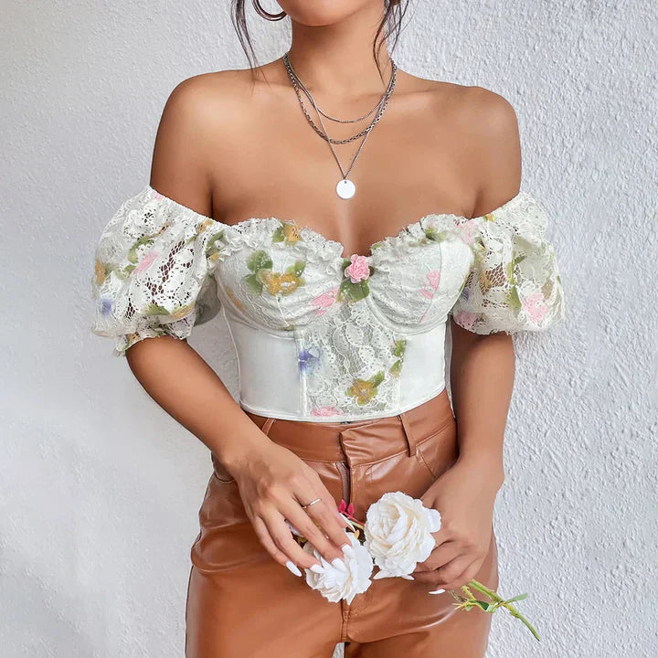 Valentina - Off shoulder blondekorset med blomsterbroderi