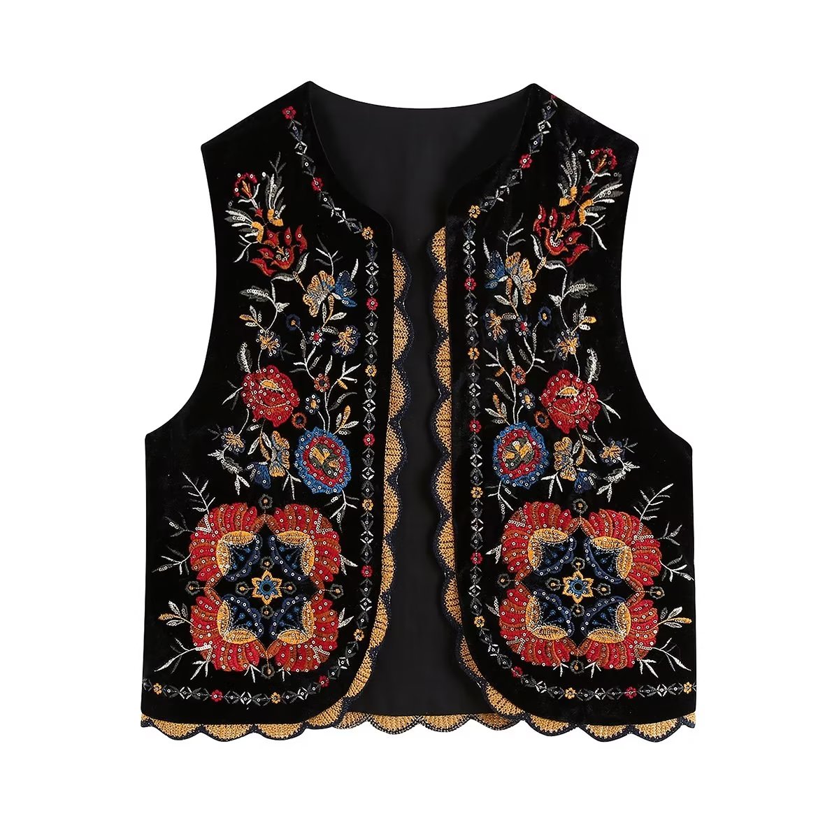 Winola - Pailletter Blomst Broderi Cardigan Patchwork Fløjl Vest