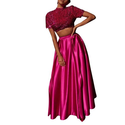 Viviana - Glitrende Crop Top og Satin Maxi Nederdel Sæt