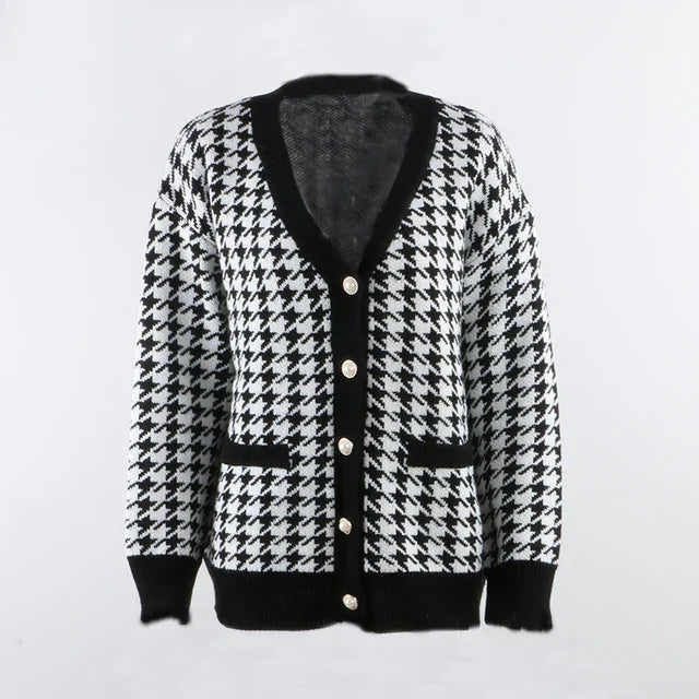 Margot - houndstooth cardigan med kontrastkant