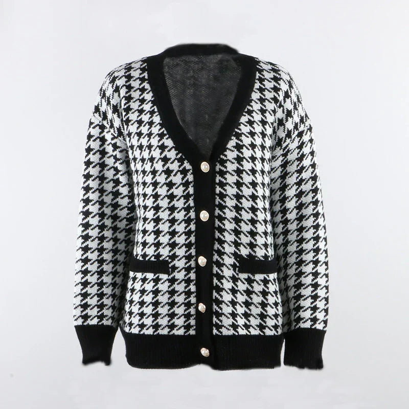 Margot - houndstooth cardigan med kontrastkant