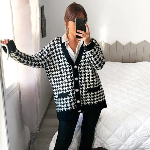 Margot - houndstooth cardigan med kontrastkant