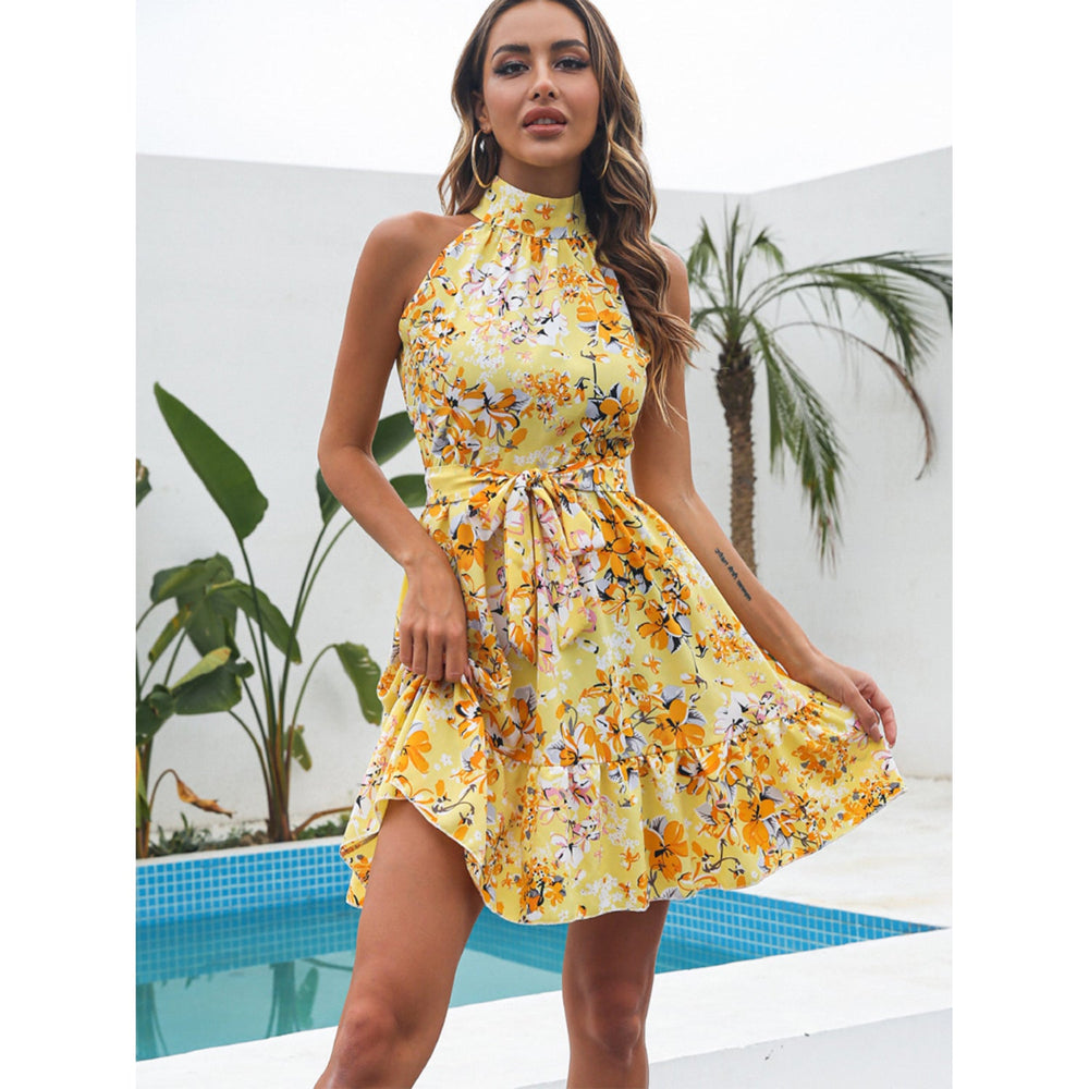 MODA Blå blomsterprintet sommerkjole med rullekrave