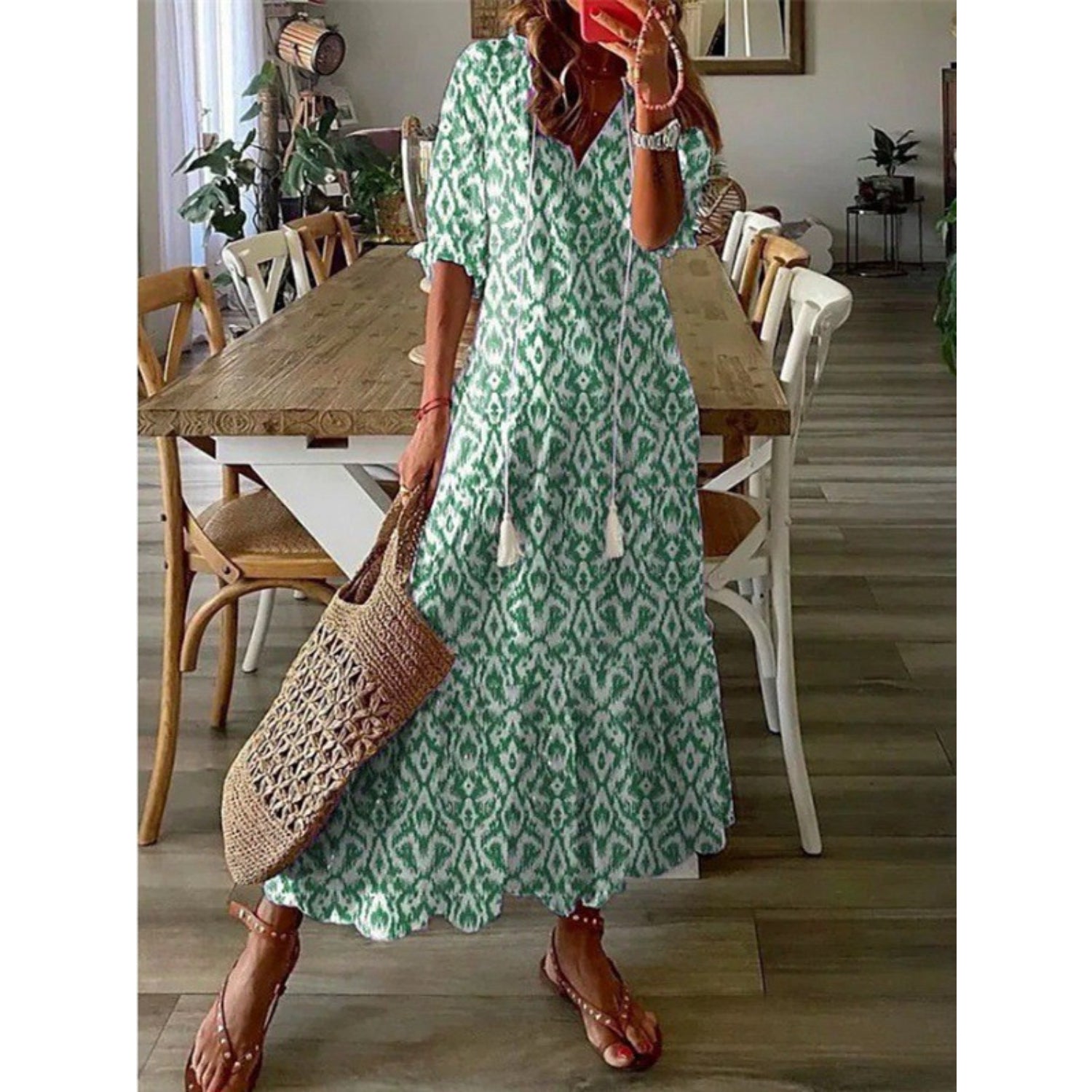 MODA Blå blomsterprintet åndbar sommerkjole