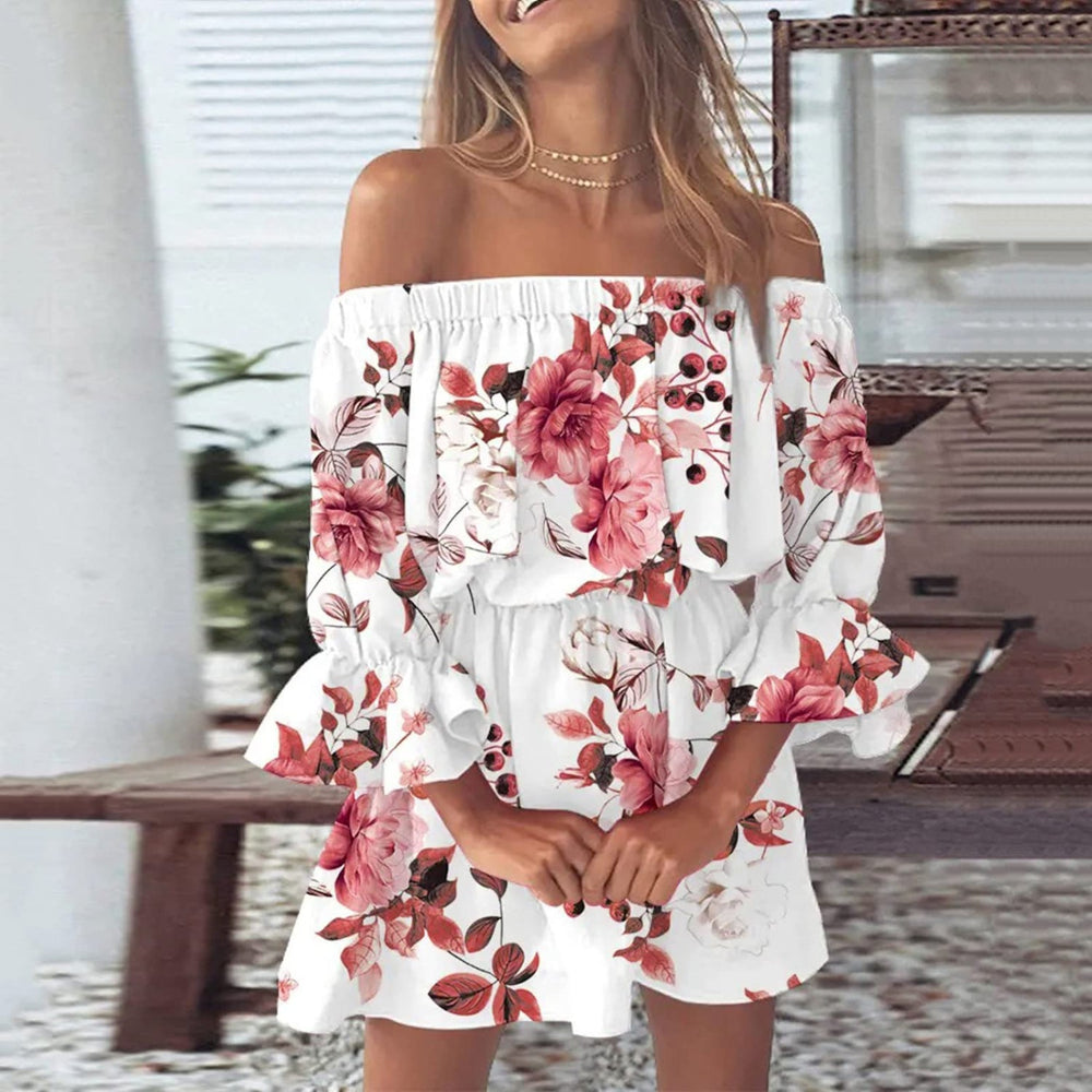 MODA hvid off shoulder sommerkjole med fjerprint
