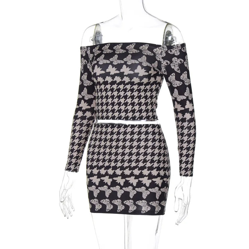Nadia - houndstooth crop top og nederdel sæt