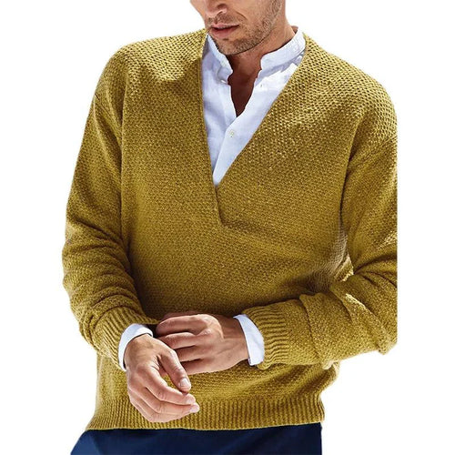 Theodore - Tekstureret Strikket V-Hals Sweater i Sennep