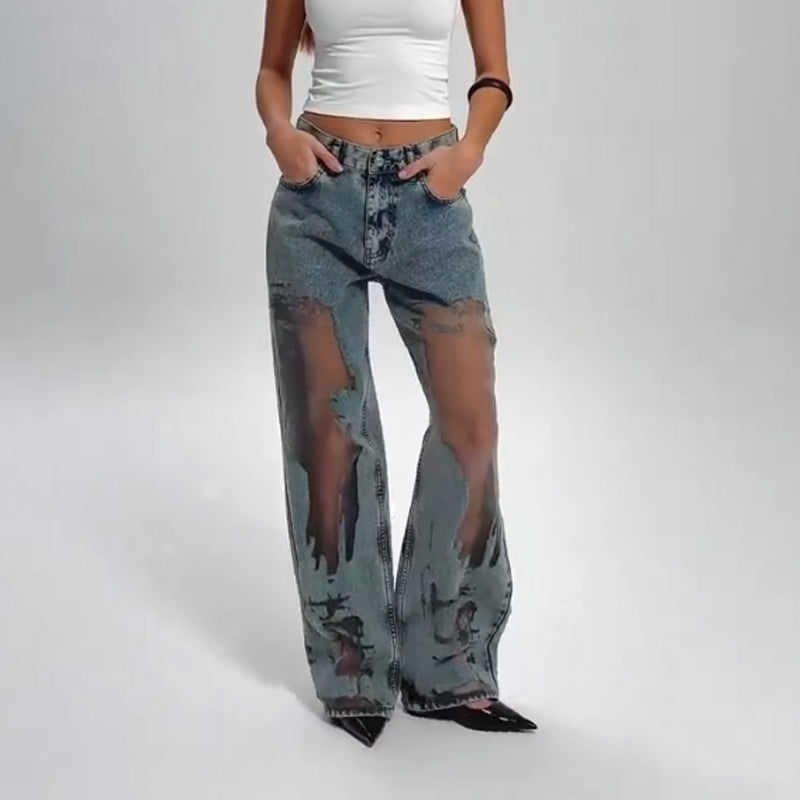 Jeans med Mesh Paneler | Vide Ben | Slidt og Moderne Design